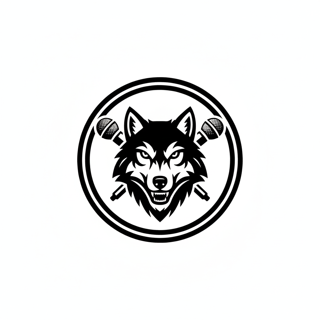 Black and white logo featuring a wolf's head with two microphones behind it, all enclosed in a circle.