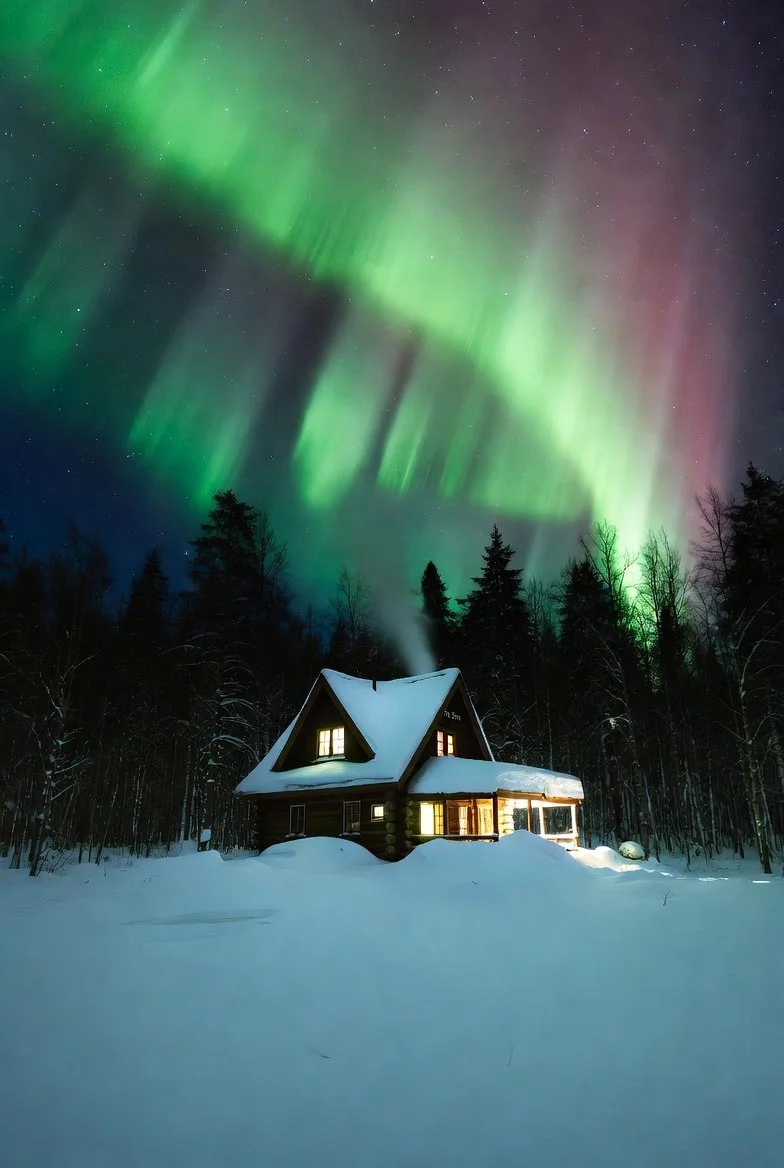 A snow-covered cabin in a forest with lights on, under a night sky displaying vibrant green and pink northern lights.