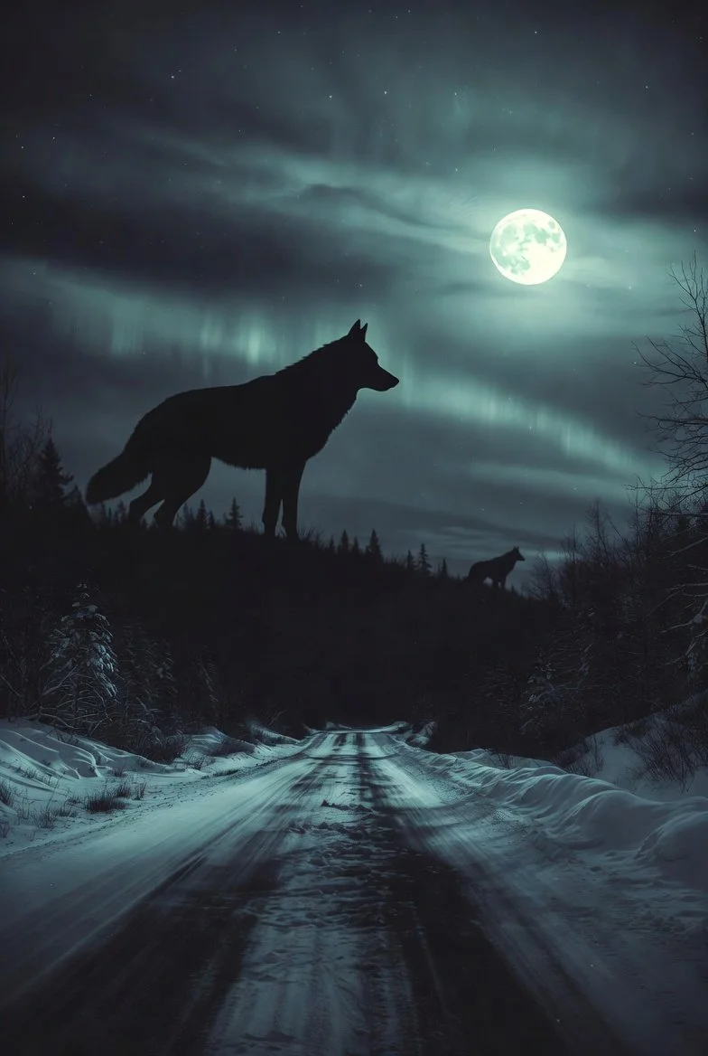 Silhouetted wolves on a snowy road at night with a full moon and northern lights in the sky.