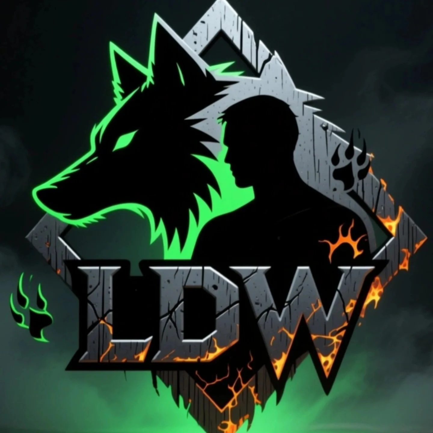A stylized logo featuring a wolf head outlined in green and black, with a woman silhouette incorporated, set against a dark background with flames and smoke, with the letters 'TOW' underneath.