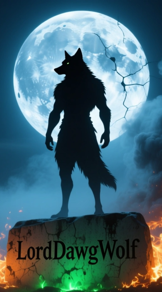 Silhouette of a wolf-man figure with glowing green eyes standing on a stone with the words 'LordDawgWolf,' against a full moon and cloudy sky backdrop.