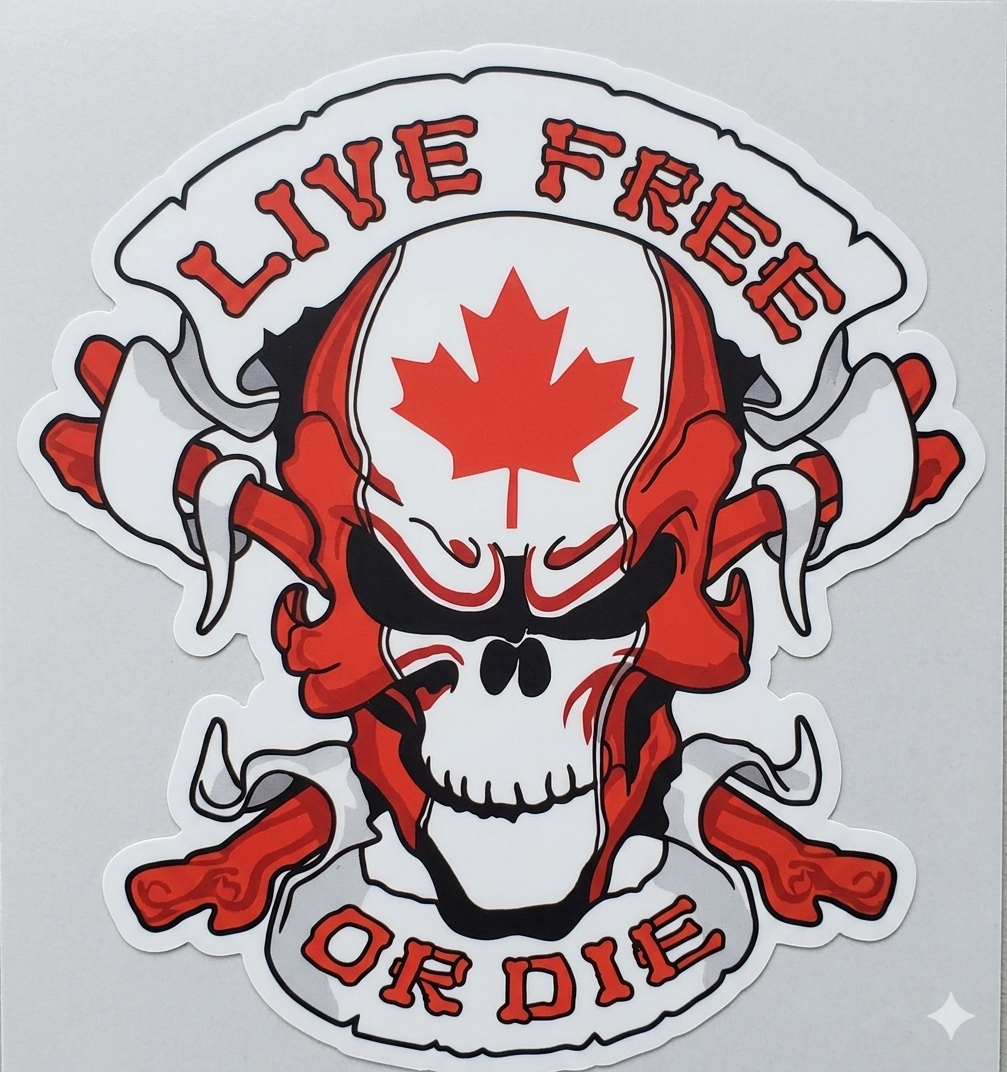 A sticker featuring a skull with a Canadian maple leaf on forehead, surrounded by red and white ribbons, with the text 'Live Free or Die' above and below the skull.