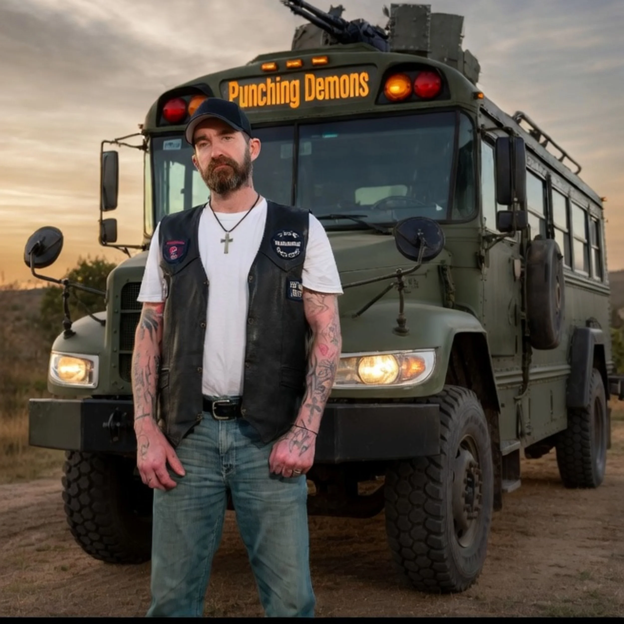 A man with tattoos on his arms, wearing a baseball cap and a vest, standing in front of a military vehicle at sunset. The vehicle has a sign saying "Punching Demons" displayed on top.