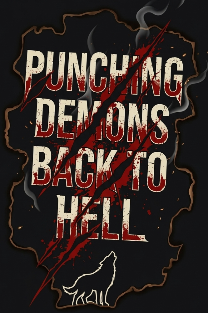 Dark background with torn paper effect, blood splatters, and scratch marks. Text reads "PUNCHING DEMONS BACK TO HELL" with bloodstains. A white outline of a howling wolf at the bottom.