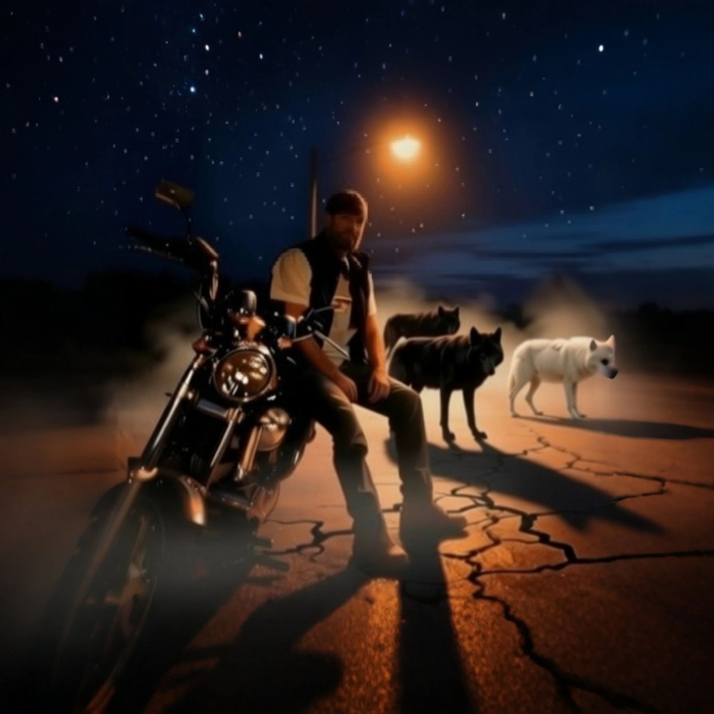 A person riding a motorcycle at night under a starry sky, with a full moon or bright planet in the background, along with dogs walking beside them.