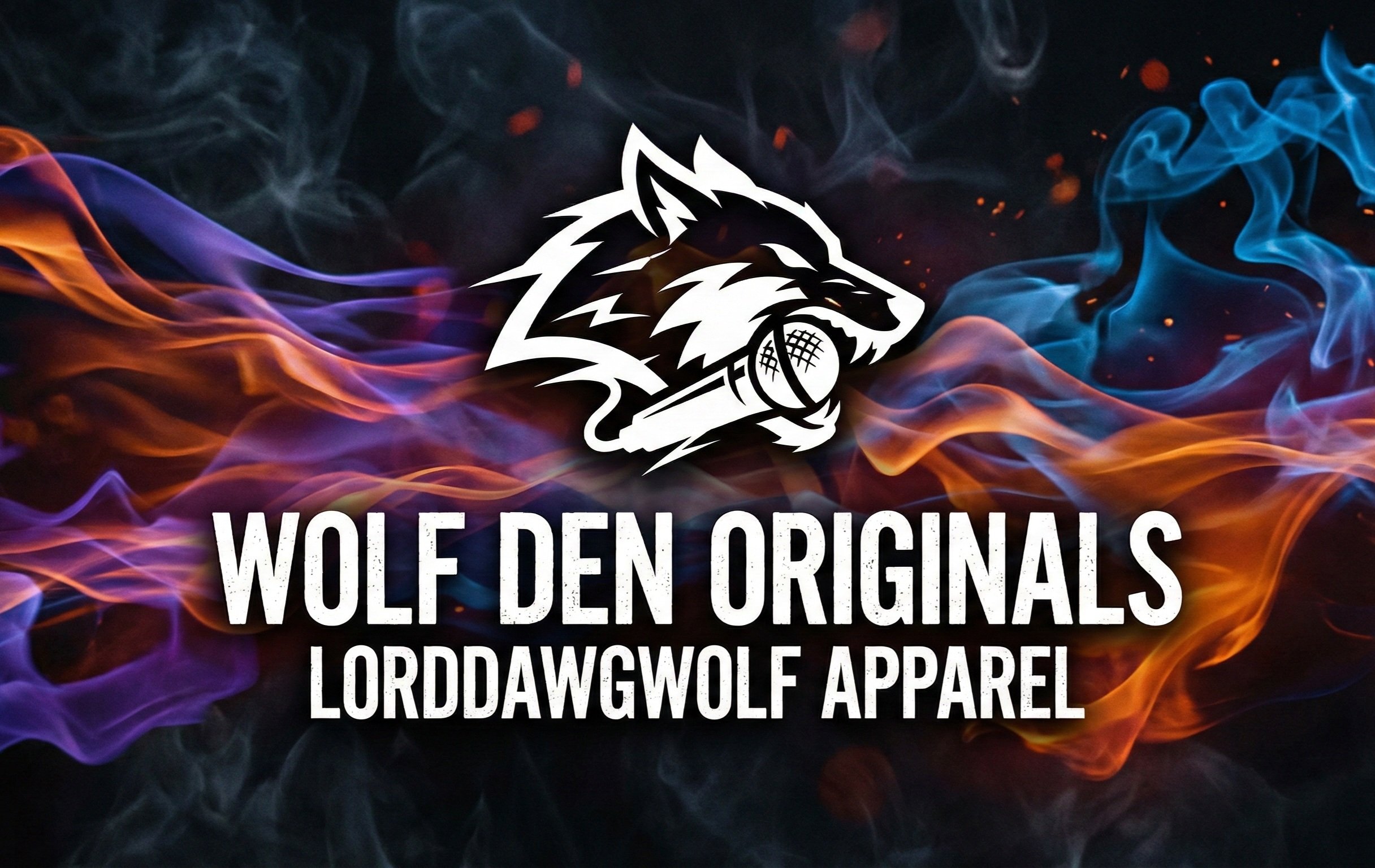 Graphic with colorful swirling smoke in shades of orange, purple, and blue on a dark background. Centered is a white wolf logo with a microphone in its mouth, above the text 'WOLF DEN ORIGINALS'. Smaller white text underneath reads 'LORDDAWGWOLF APPA
