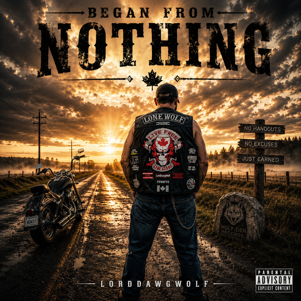 A man with a tattooed arm and wearing a leather vest with patches, standing on a road at sunset, facing away from the camera, with a motorcycle parked on his left and a signpost on his right that reads 'No Handouts, No Excuses, Just Earned'. The sky 