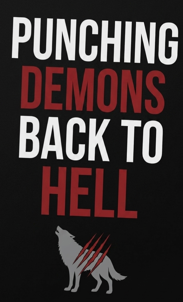 Text reading "Punching Demons Back to Hell" with a wolf silhouette and claw marks on it, on a black background.