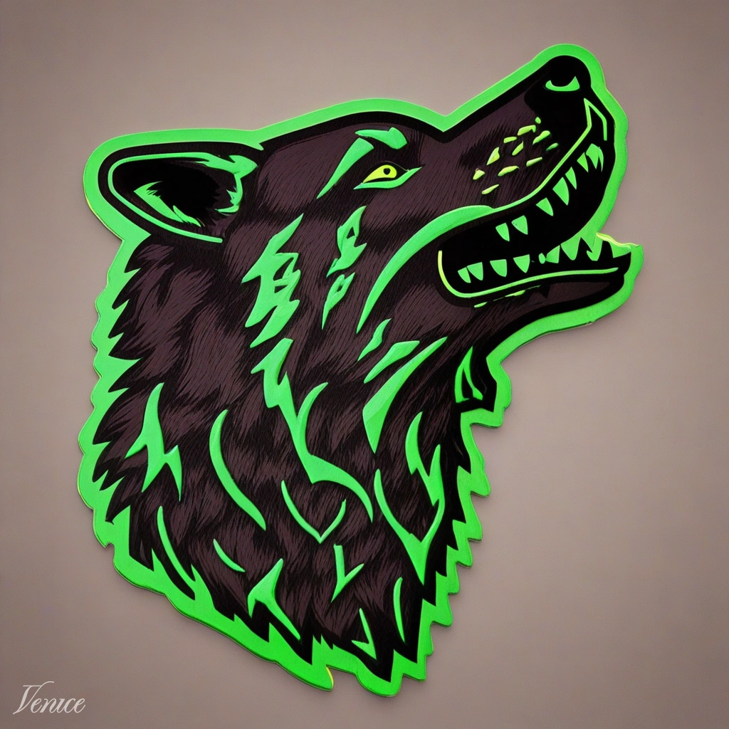 Neon-green and black wolf head logo with sharp features and snarling expression.