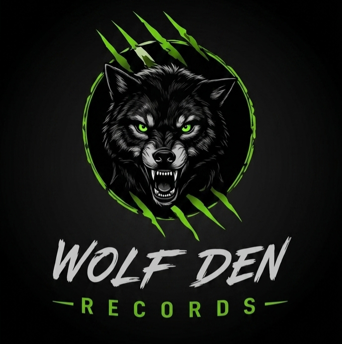A wolf's head with piercing green eyes, snarling, surrounded by claw marks, with the text 'Wolf Den Records' below.