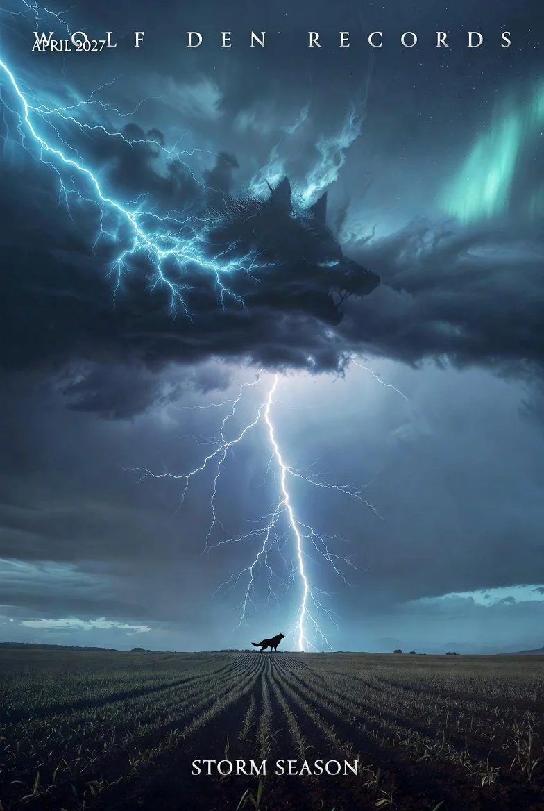 Dark stormy sky with lightning, a silhouette of a wolf on a field, dark clouds, and the northern lights. Text overlay says "April 2027 L F DEN RECORDS" and "Storm Season."