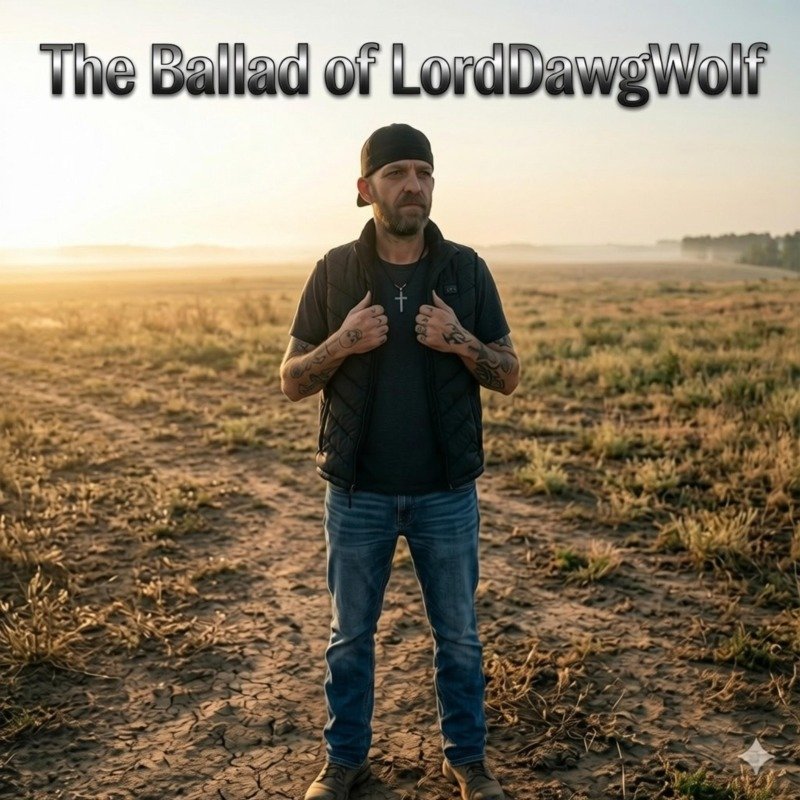 A man with tattoos on his arms, wearing a black cap backwards, black vest, and blue jeans, standing on a dry, cracked field at sunset with the text "The Ballad of LordDawgWolf" at the top.
