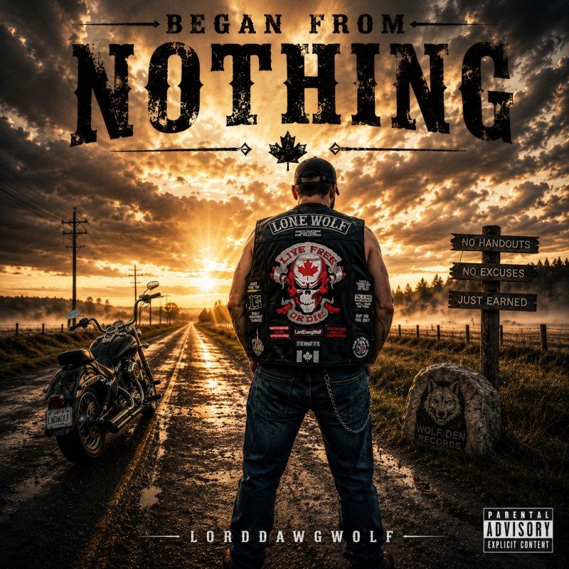 A man in a leather vest with a skull and maple leaf design, standing on a rural road at sunset with a motorcycle nearby, and a signpost with phrases 'No Handouts,' 'No Excuses,' and 'Just Earned.' There is a large rock with a wolf logo and a tree and