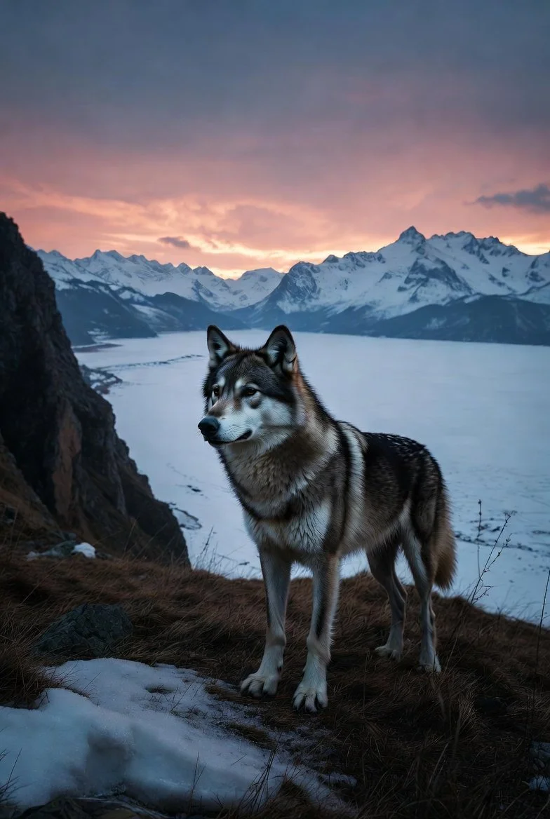 A husky dog standing on a mountain slope overlooking a snow-covered valley with mountains and a colorful sunset sky in the background.