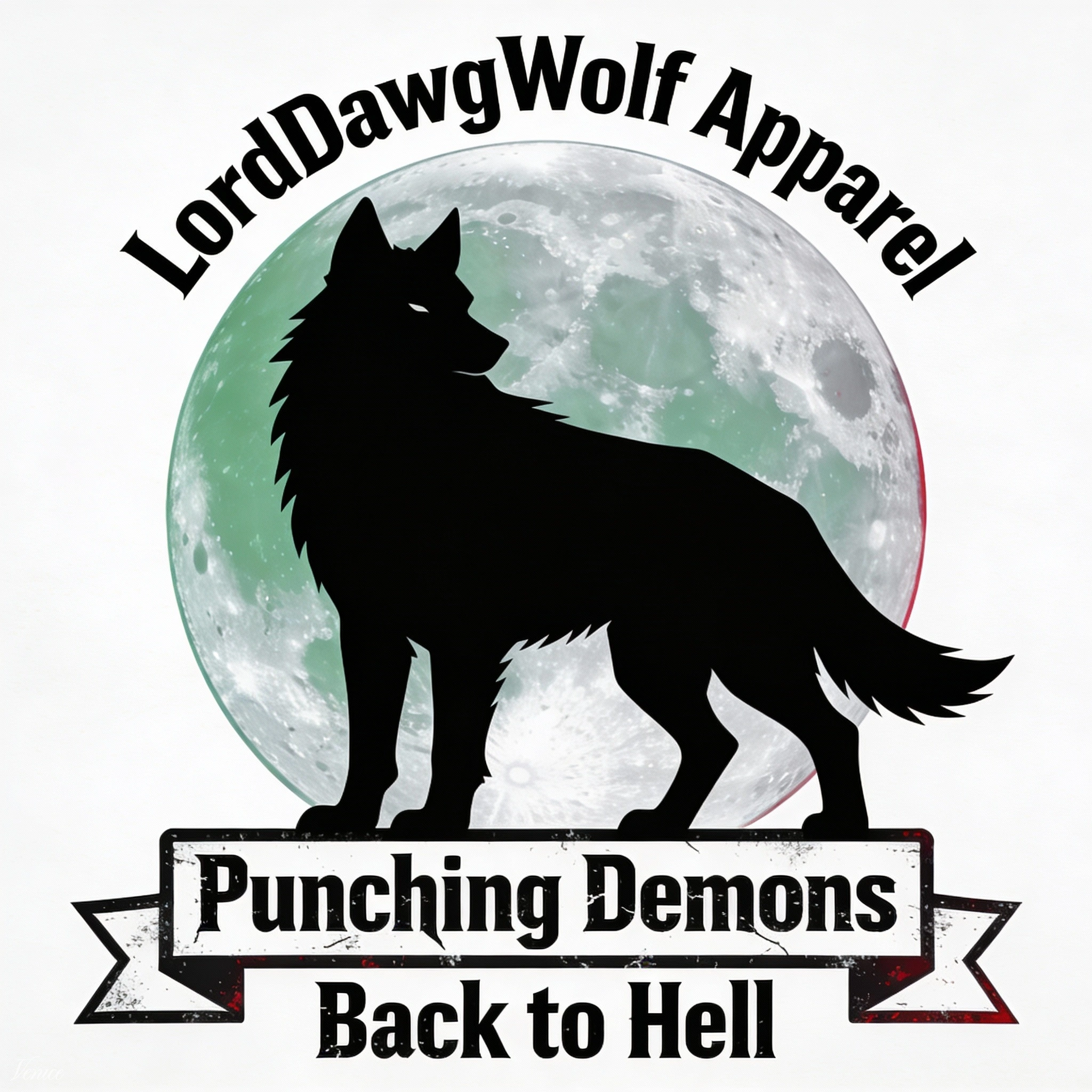 Black silhouette of a howling wolf in front of the moon with text above and below, reading 'Labrador Wolf Apparel' and 'Punching Denim F**king Jeans Back to Hell', with a distressed style.