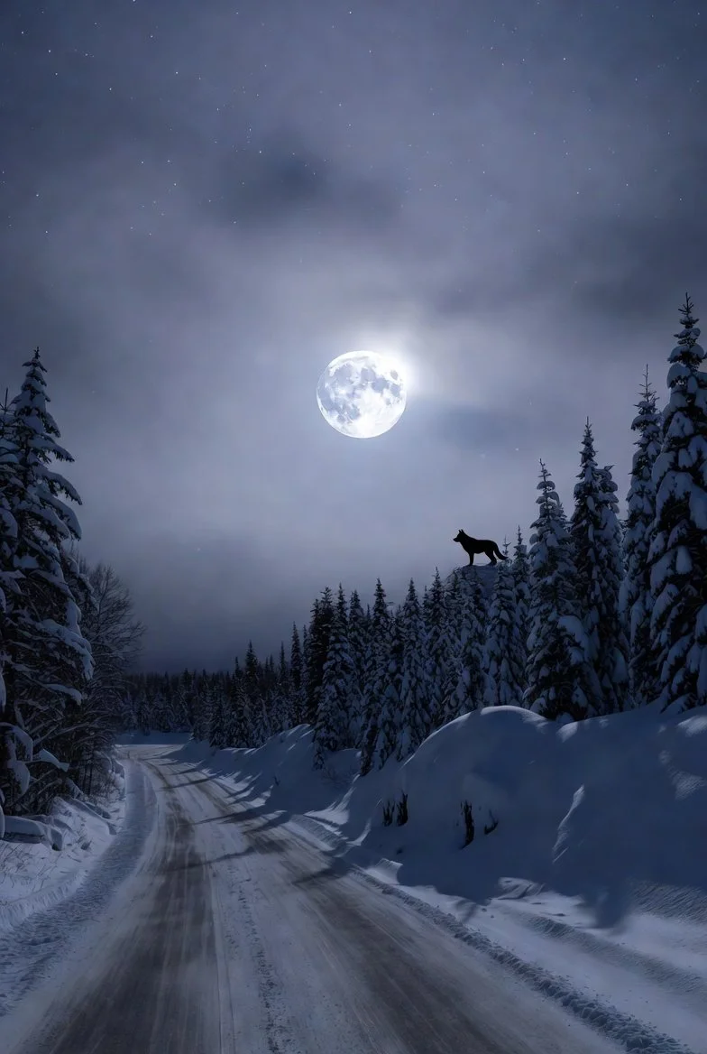 Snow-covered forest with a moonlit night sky, a full moon, starry sky, and a silhouette of a wolf standing on a snowy hill.