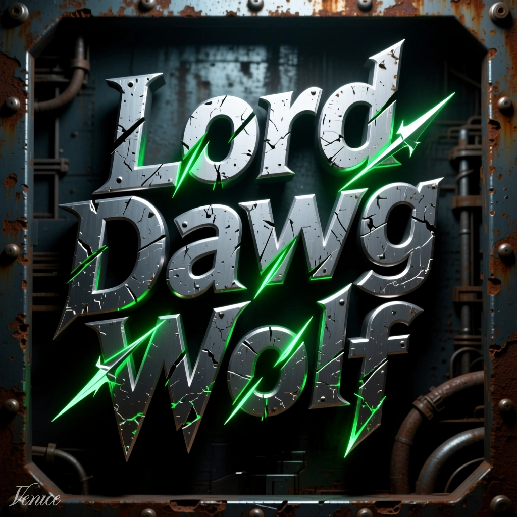 Metallic sign reading "Lordi Daring Woi" with green lightning effects, set against a rusty industrial background.