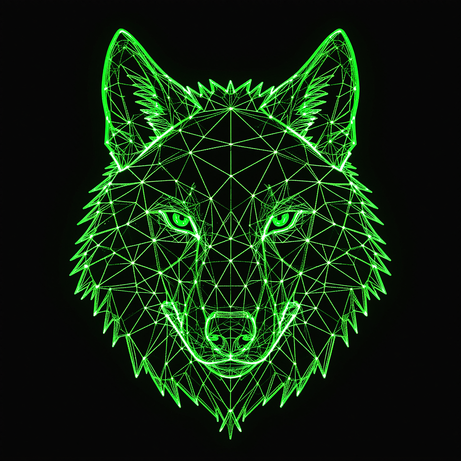 Neon green digital wireframe illustration of a wolf's face on a black background.