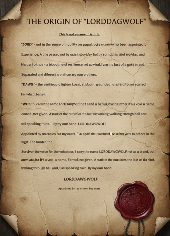 An aged, torn parchment paper with the title "The Origin of 'LordDawgWolf'" and a red wax seal at the bottom right. The text describes the origins and meaning of the name 'LordDawgWolf'.