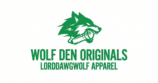 Green logo of a wolf's head with a football in its mouth, with the text 'WOLF DEN ORIGINALS' and 'LORRDAWGOLF APPAREL' beneath.