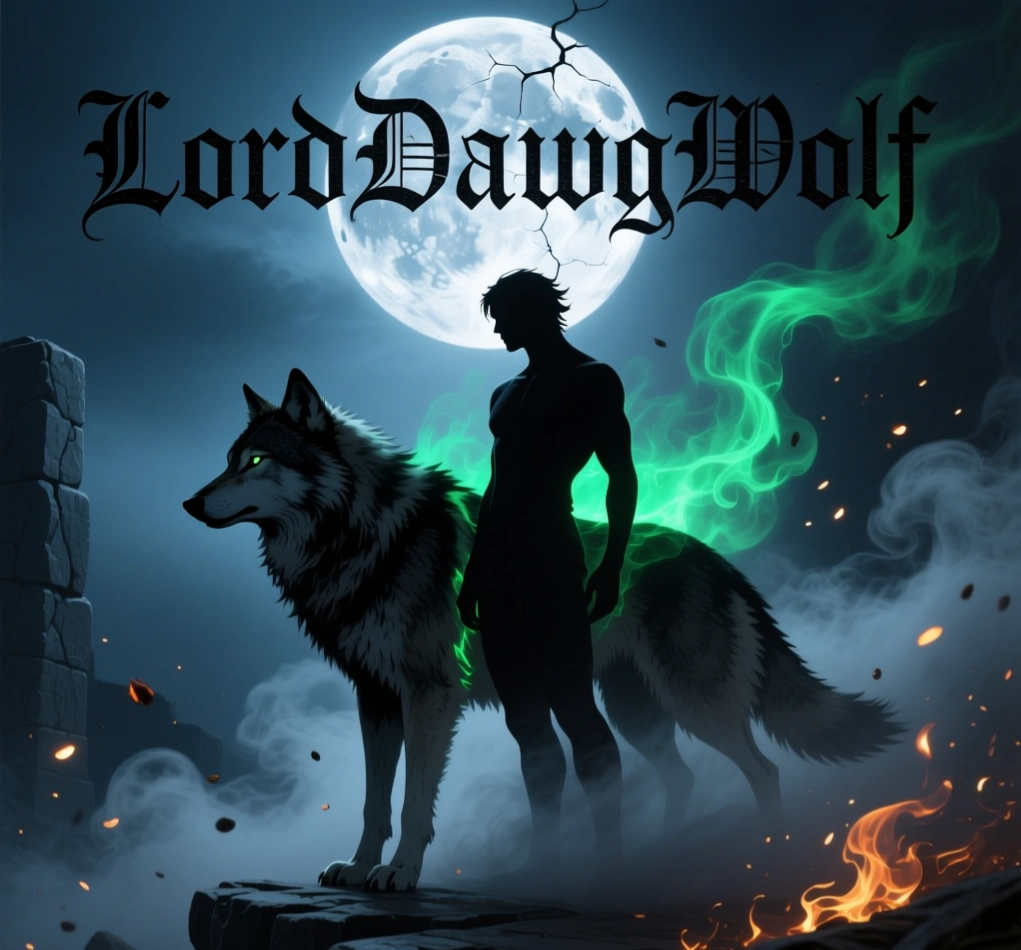 Silhouette of a wolf and a human figure standing beneath a full moon with a cracked surface, with green and orange smoke and flames around them, and the text 'LordDawgWolf' at the top.