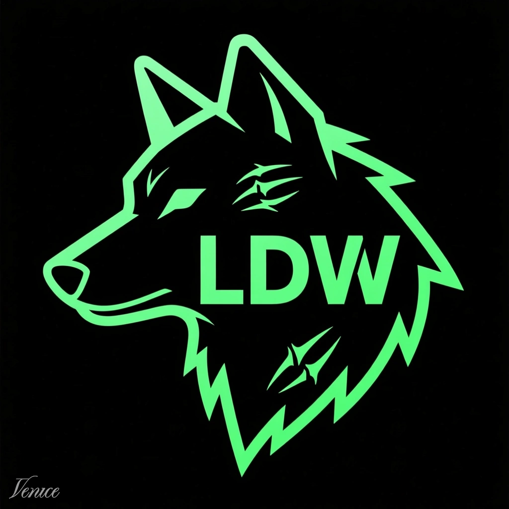 Green neon outline of a wolf's head with the letters "LDW" inside, on a black background.