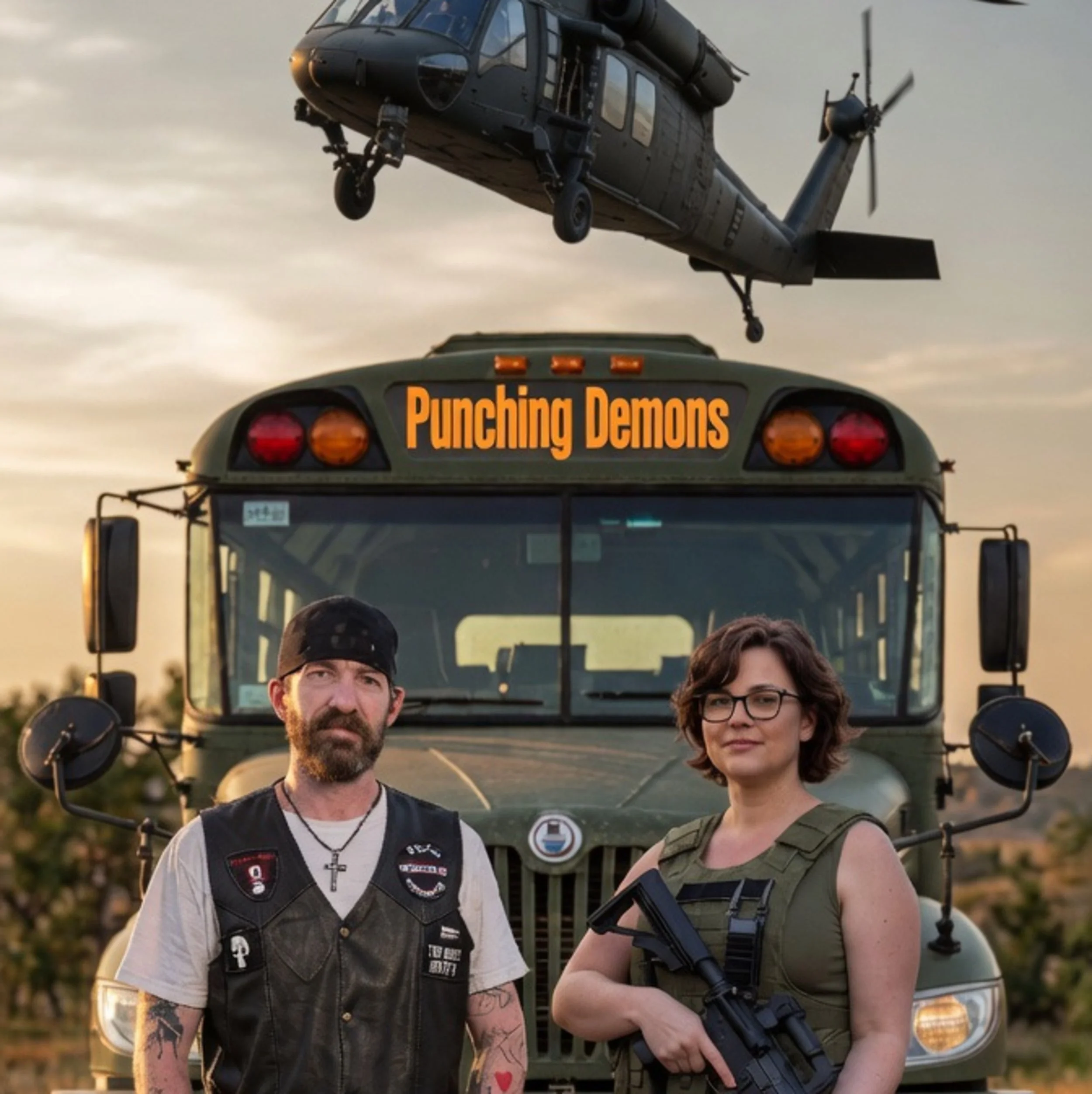 Two individuals standing in front of an army vehicle and a helicopter in an outdoor setting. The man on the left has tattoos on his arms and is wearing a leather vest and a necklace with a cross. The woman on the right has short hair, glasses, and is wearing a tank top. The helicopter appears to be a military attack helicopter, and the vehicle has the phrase 'Punching Demons' written on it.