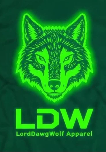 A neon green graphic of a wolf's face with the initials LDW and the words LordDawgWolf Apparel beneath.