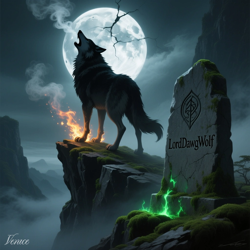 A digital illustration of a howling wolf standing on a rocky cliff with a glowing fire on its paw and a full moon in the background. A large moss-covered stone with the inscription 'LordDawgWolf' and a symbol is to the right of the wolf. Green glowin
