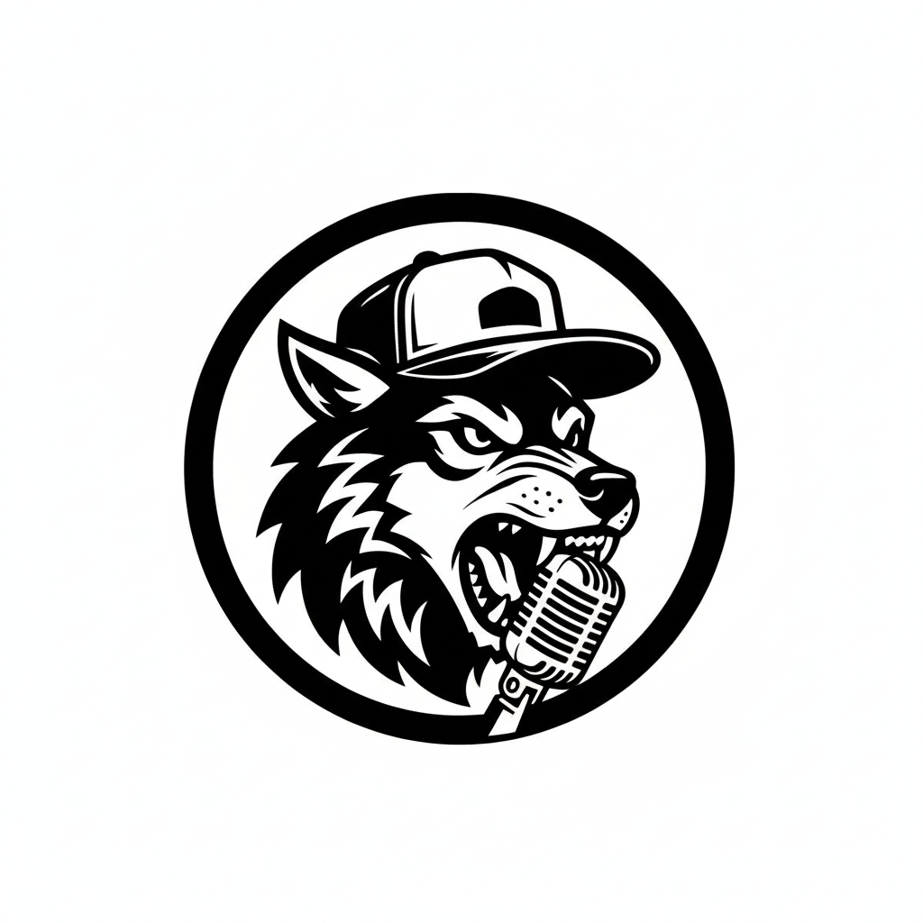 A black and white logo of a wolf wearing a baseball cap, holding a microphone in its mouth.