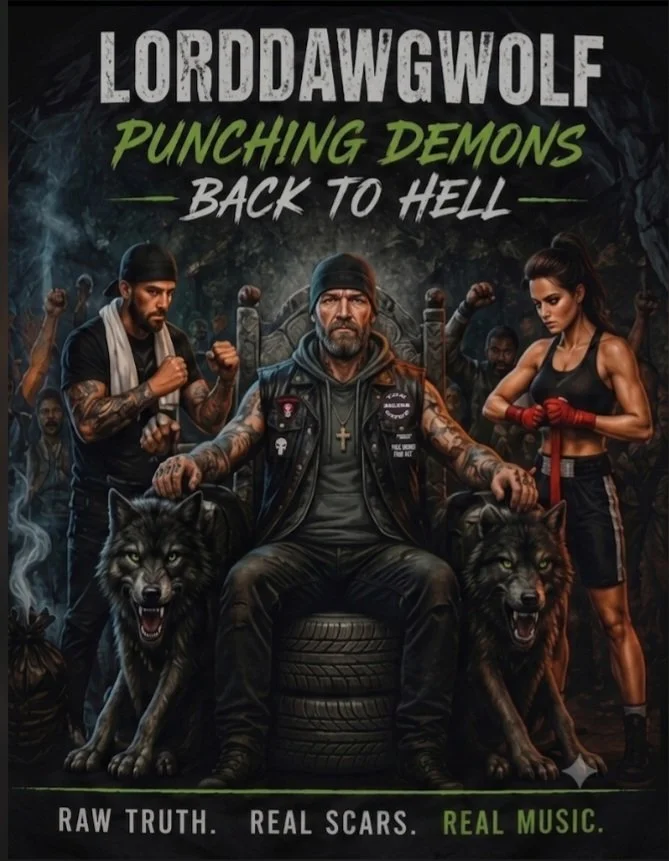 Cover of LordDawgWolf album titled 'Punching Demons Back to Hell' featuring a rugged man with tattoos and a beard, sitting on a tire with two snarling wolves, flanked by a woman boxer and another man with tattoos, all in a dark, intense setting with 