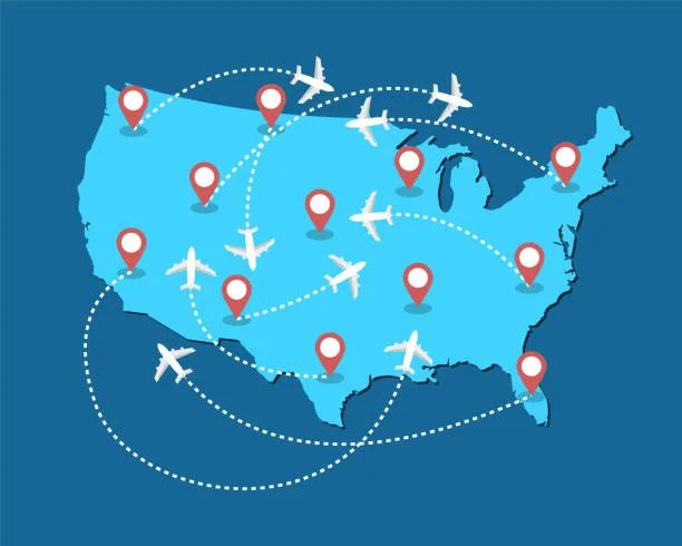 Map of the United States featuring airplane icons and red location markers connected by dotted lines, illustrating travel routes across the country.