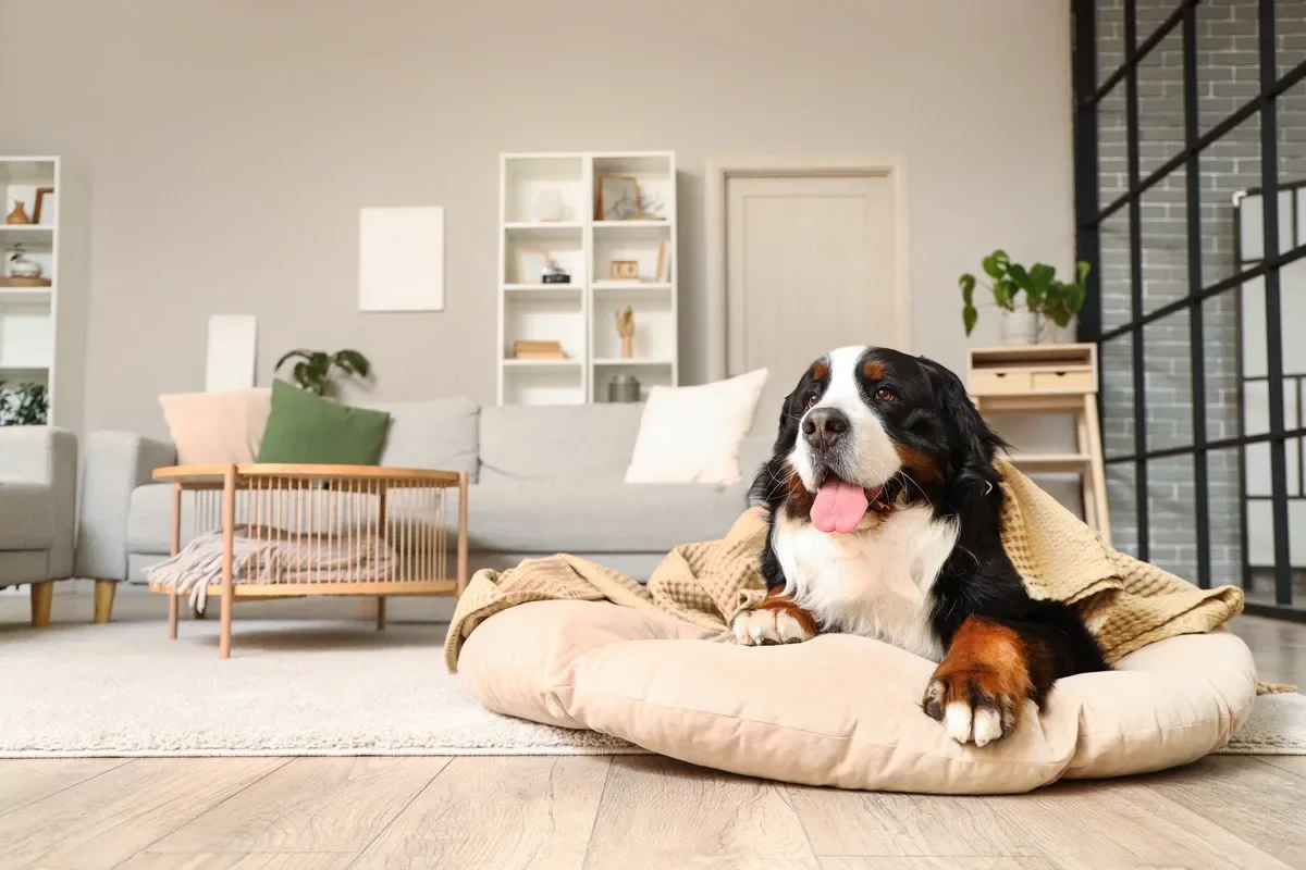 A dog, possibly a Bernese Mountain Dog, lying on a beige dog bed in a modern living room with white and gray furnishings and decorative shelves.
