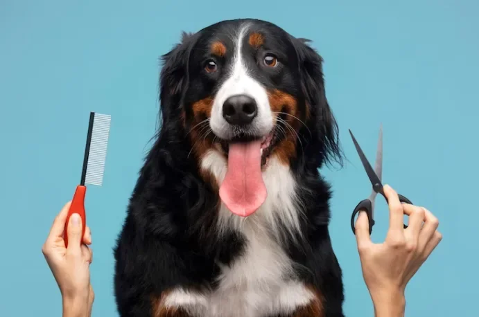 A Bernese Mountain Dog during a grooming session, with hands holding grooming tools like a comb and scissors on a blue background.