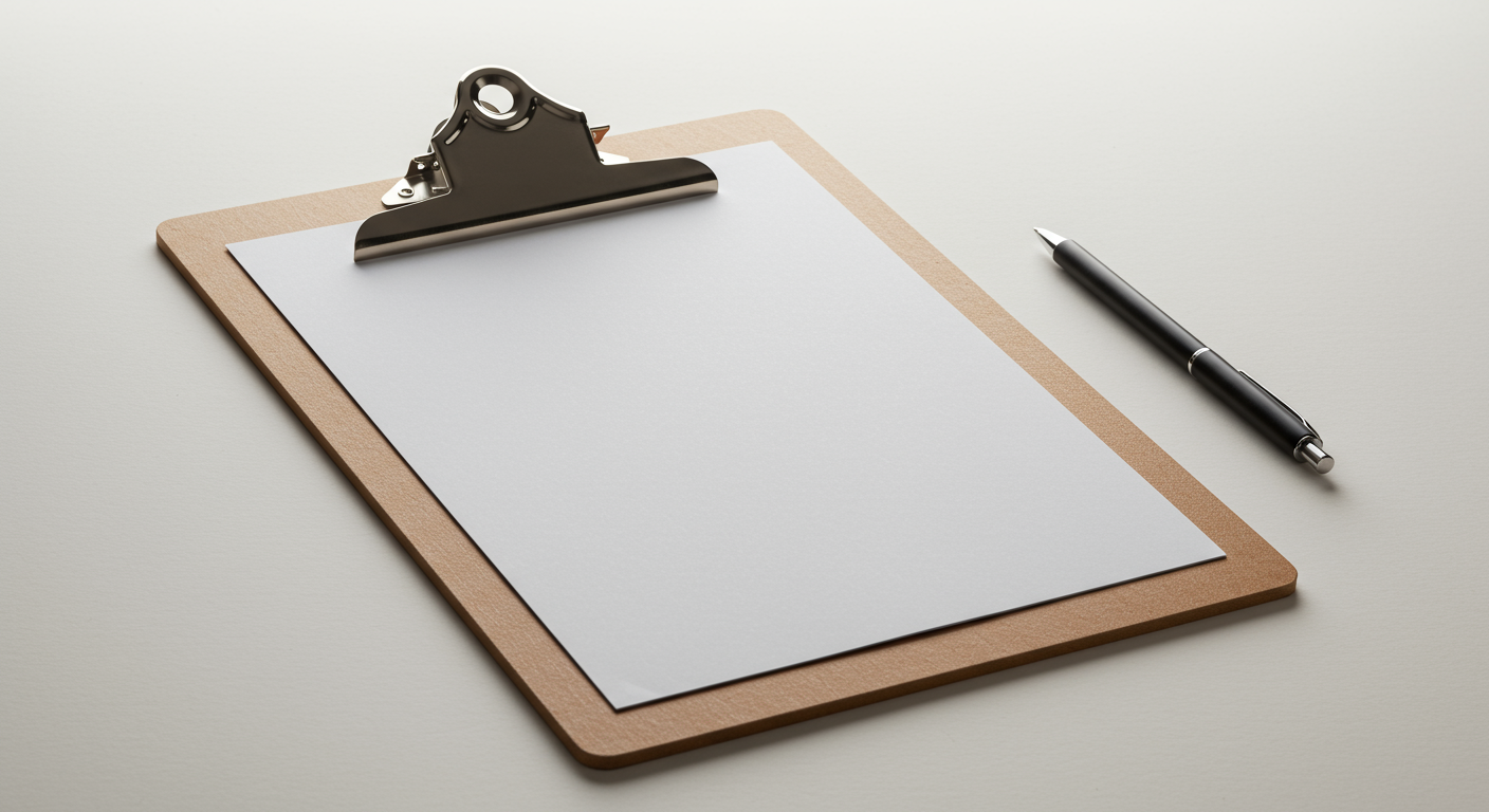 A blank white sheet of paper clipped onto a light brown clipboard with a black pen beside it, on a light gray surface.