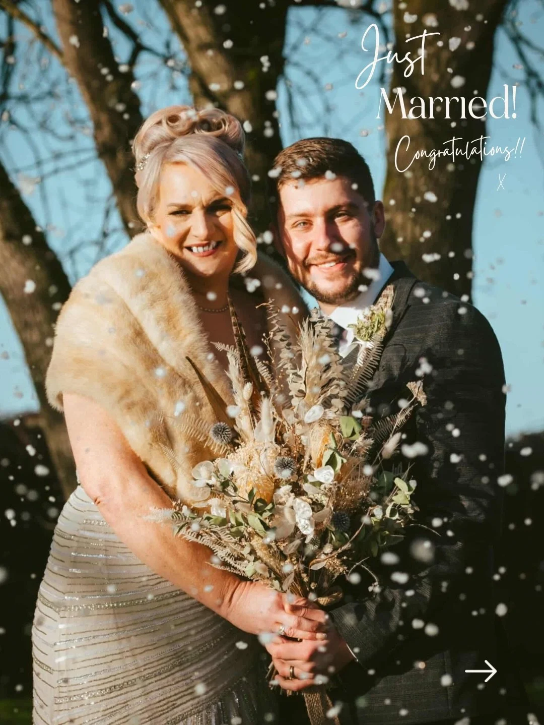 Just married ✨🥂

&lsquo;At short notice Sophy put together a stunning bouquet for our elopement wedding at Gretna Green. The flowers travelled well and we received lots of comments about how beautiful the bouquet was. The cream and blue hues were th