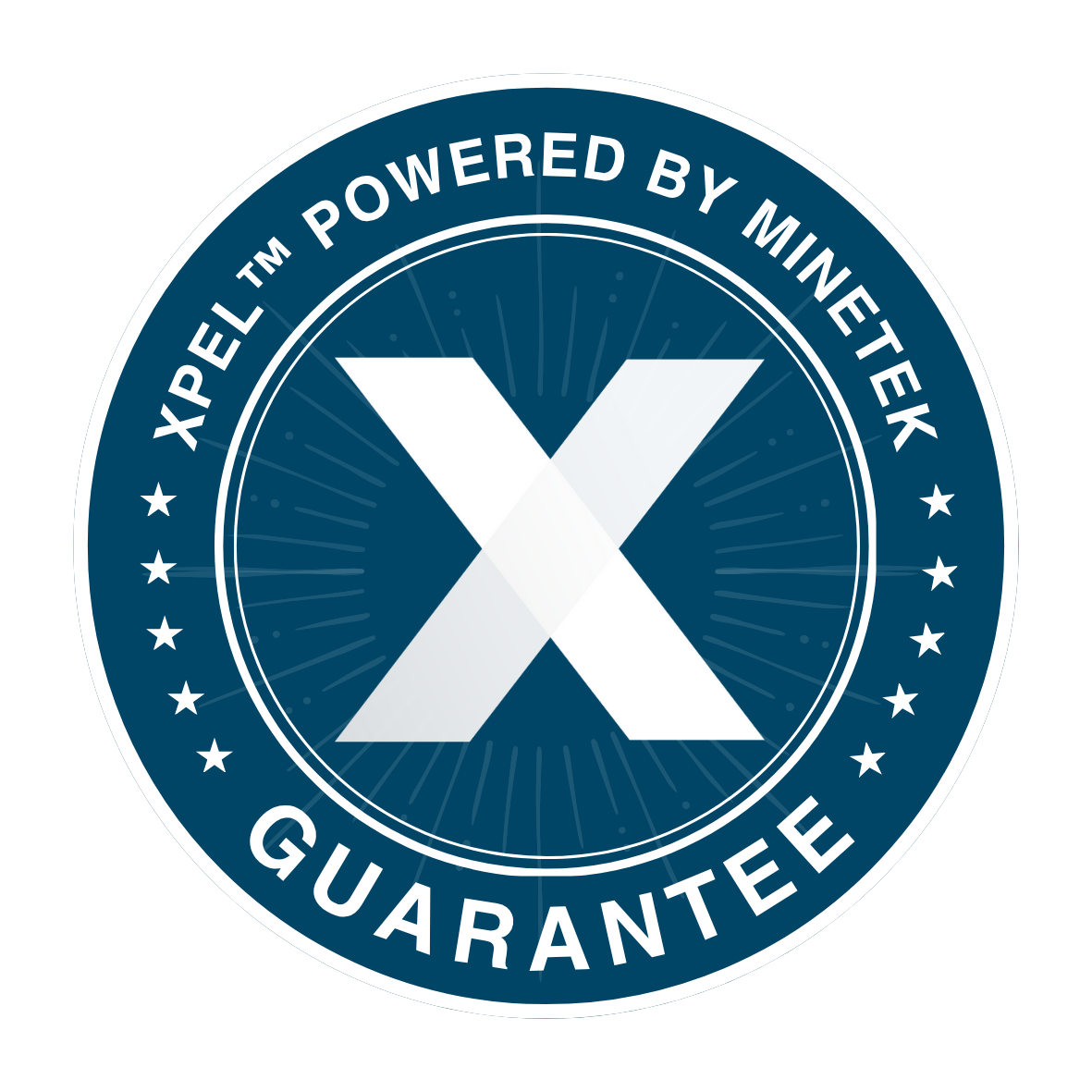 XPEL logo with the text 'Powered by MineTek Guarantee' surrounding a large stylized 'X' in the center.