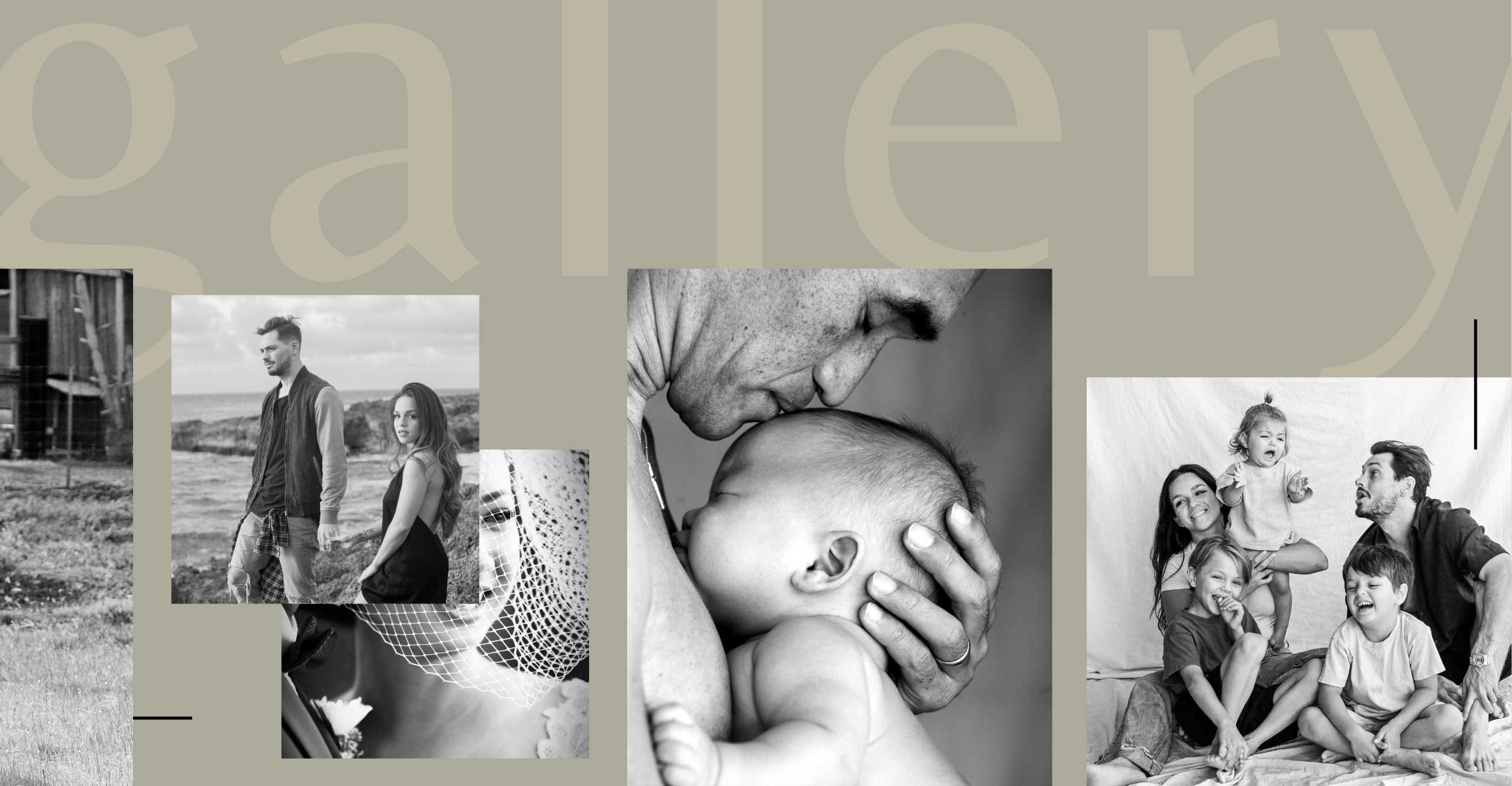 A collage of black and white photographs featuring various people including a couple with a baby, a family with children, and a man and woman outdoors.