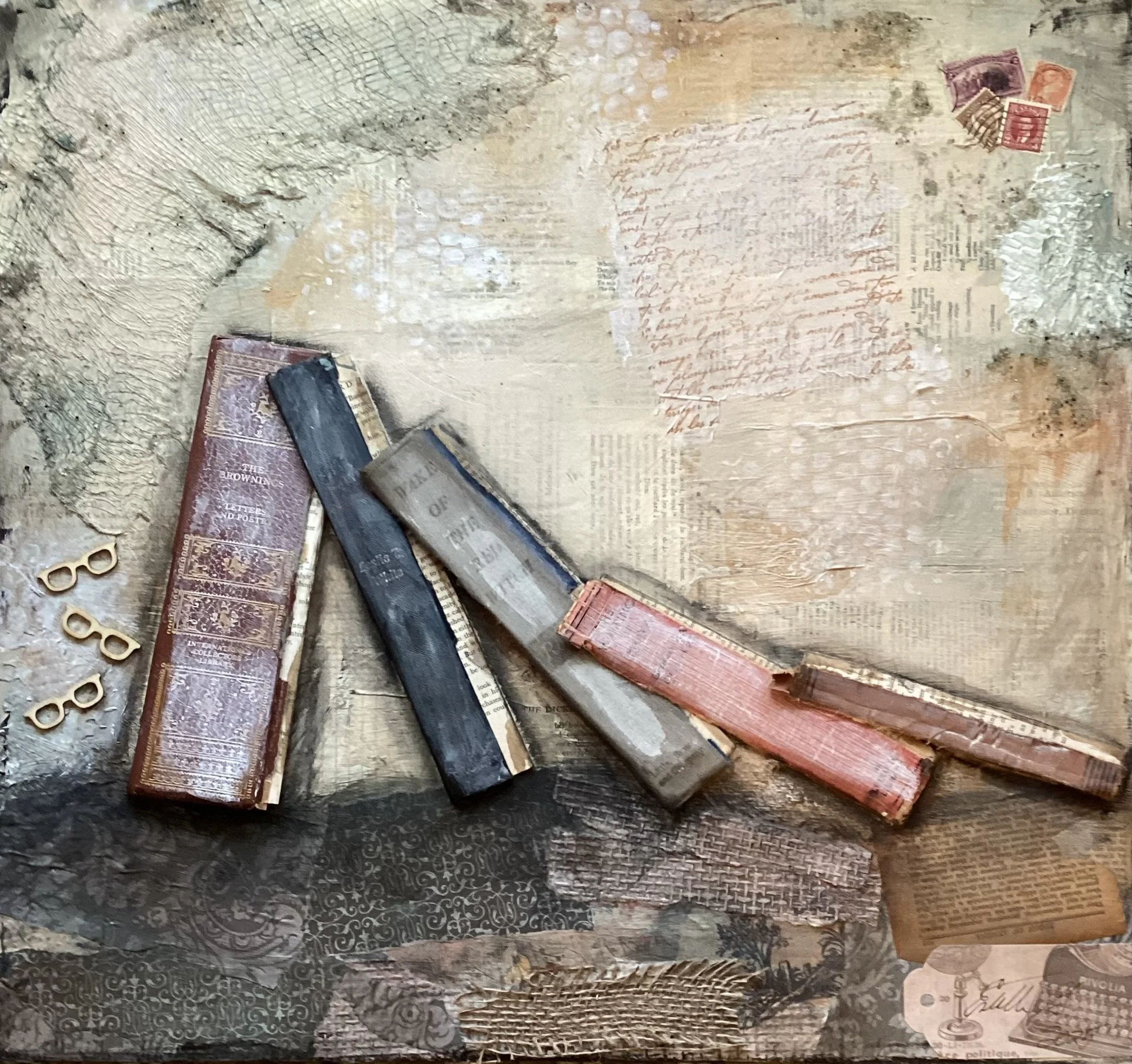  Bookish #5 
 
24” x 24”
 
Collage of book spines and paper ephemera.
 
$650.00. Commission