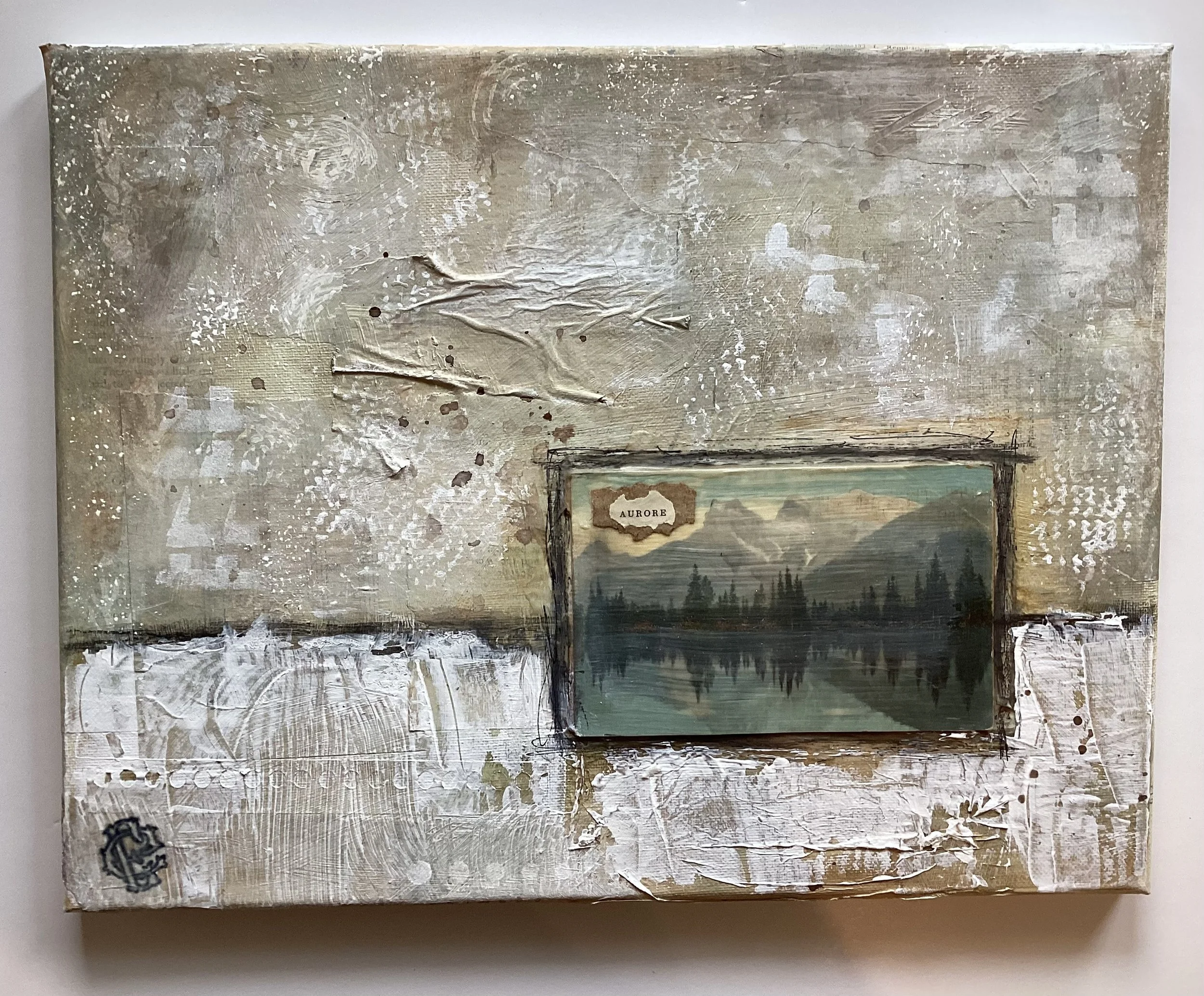  Aurore 
 
With Frame. 13”x16”. Artwork only. 11” x 14”
 
Collage with antique postcard, acrylic paint and ink.
 
$190.00