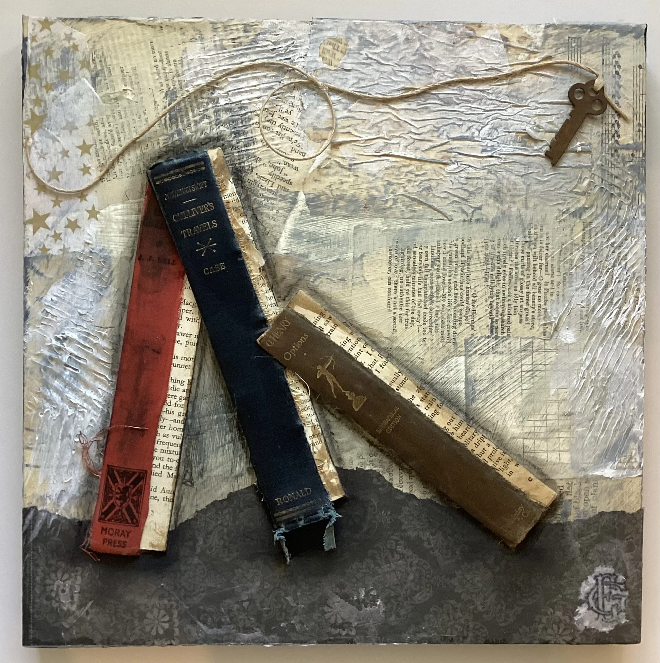  Bookish #8 
 
12” x 12”
 
$175.00
 
Collage of vintage papers, book spines and acrylic paint on wooden panel