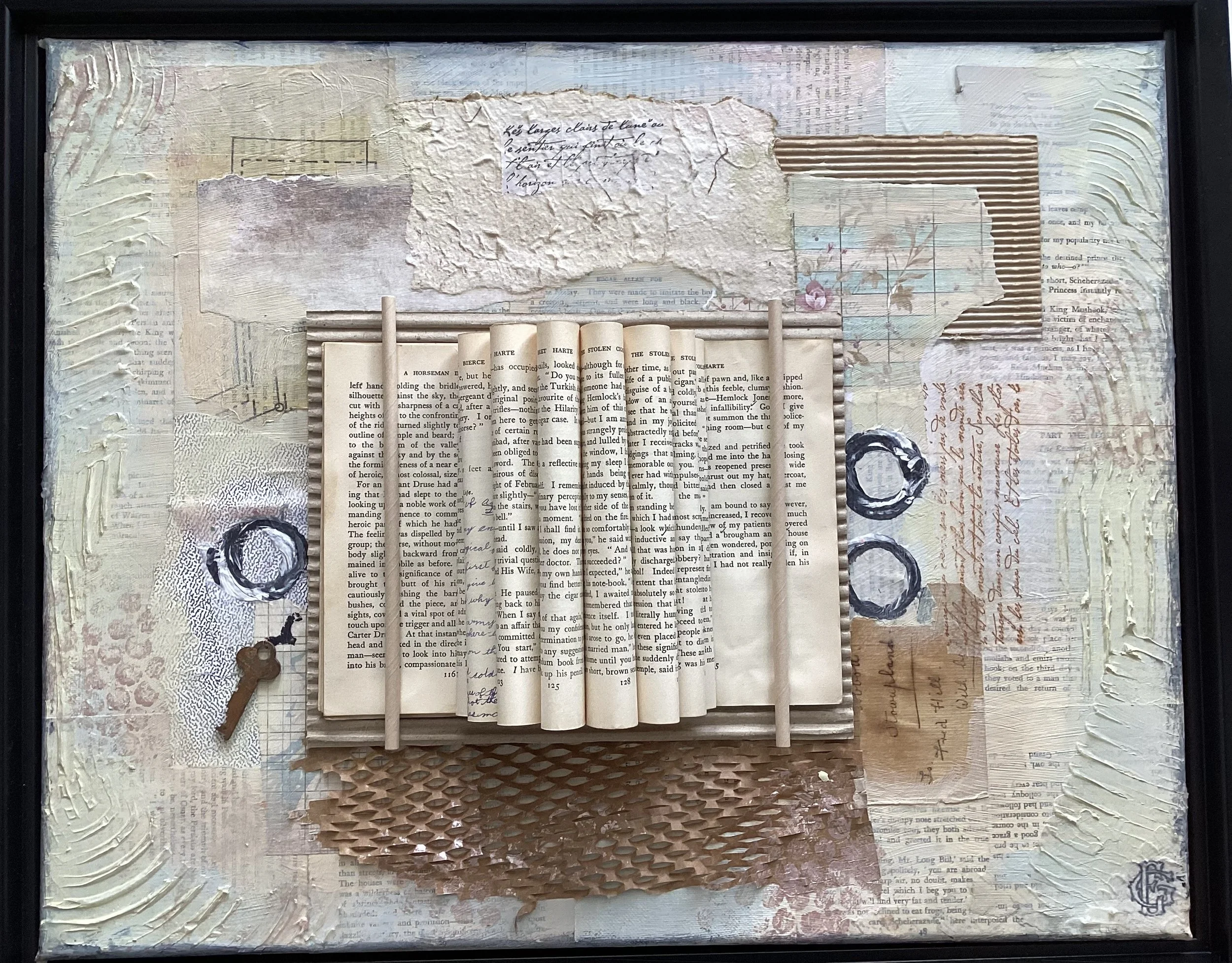  Life as an Open Book 
 
With frame: 18” x 22”. Art without frame. 16” x 20”.
 
Collage of vintage papers, ink and acrylic paint.
 
$450.00