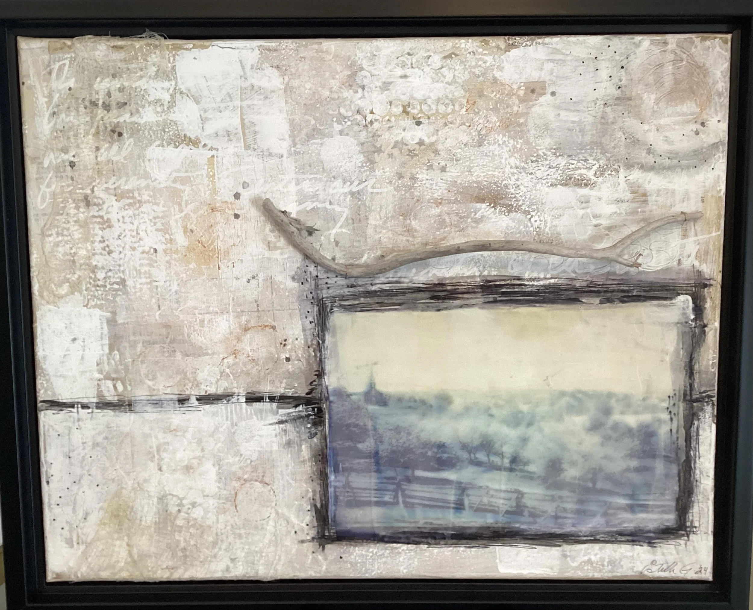  Country Winter 
 
With Frame. 18” x 22”. Artwork only. 16” x 20”
 
Collage with vintage photograph, papers and fabric.
 
$420.00