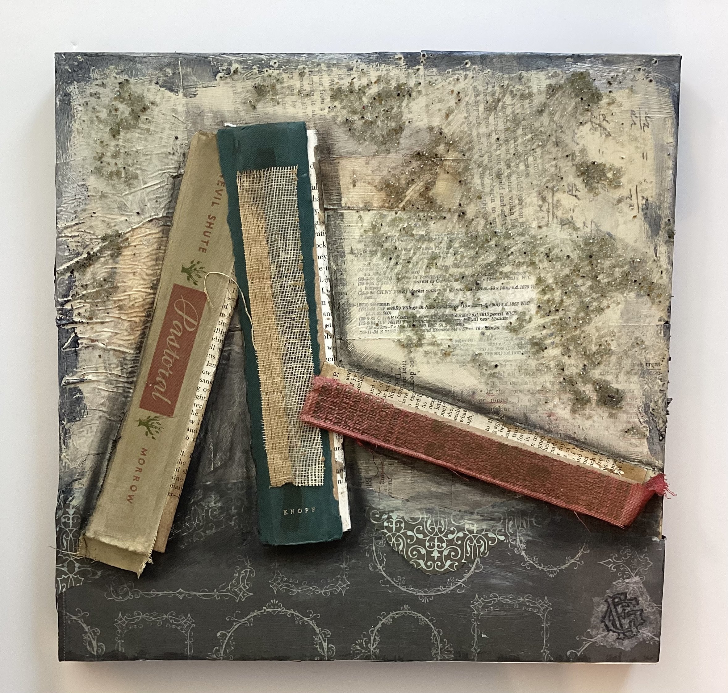  Bookish #10 
 
12” x 12”
 
Collage of vintage book spines and papers.
 
$175.00