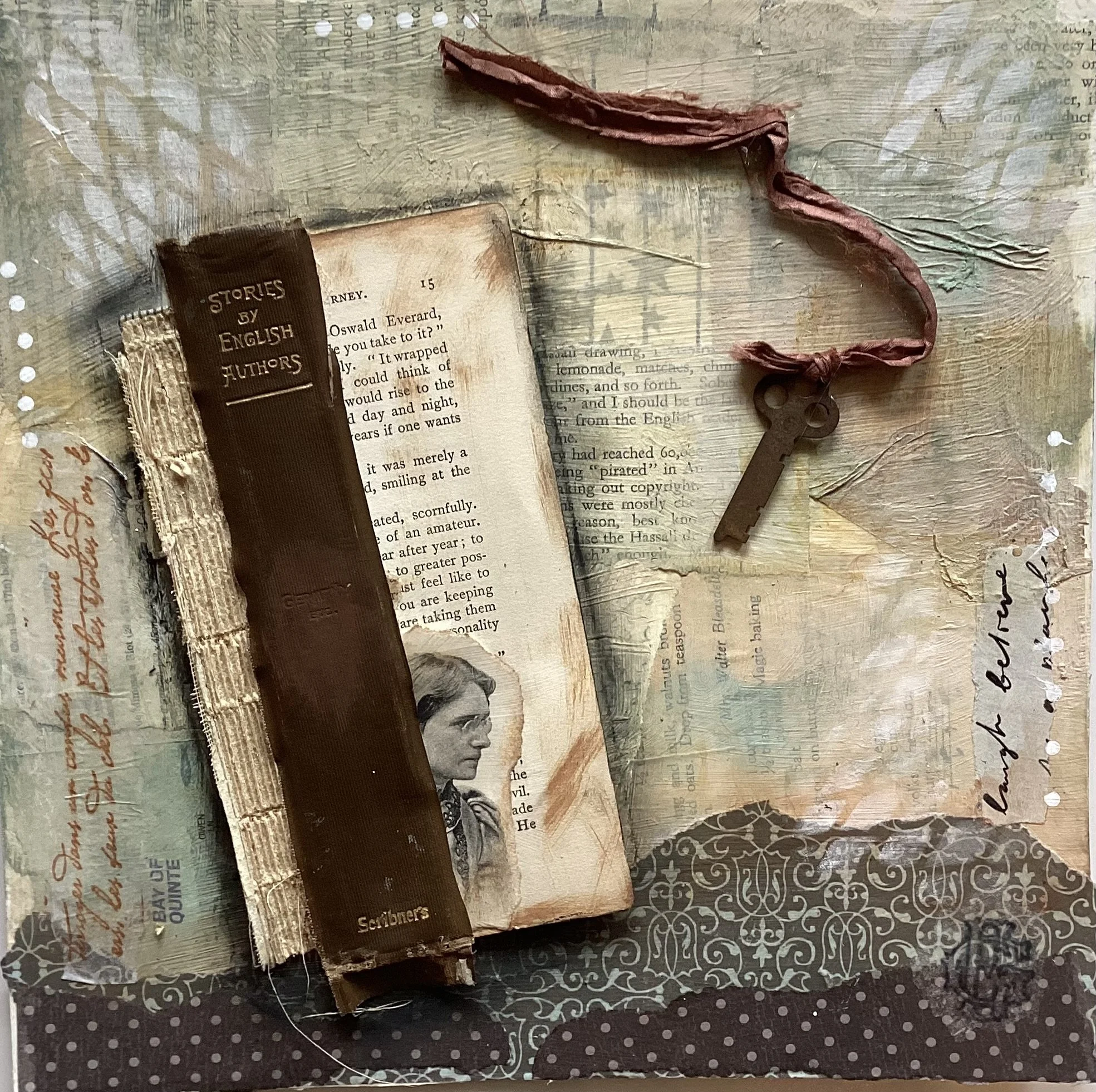  Bookish small #1 
 
10.5” x 10.5”
 
$110.00
 
Collage of vintage papers, book covers and spines and acrylic paint