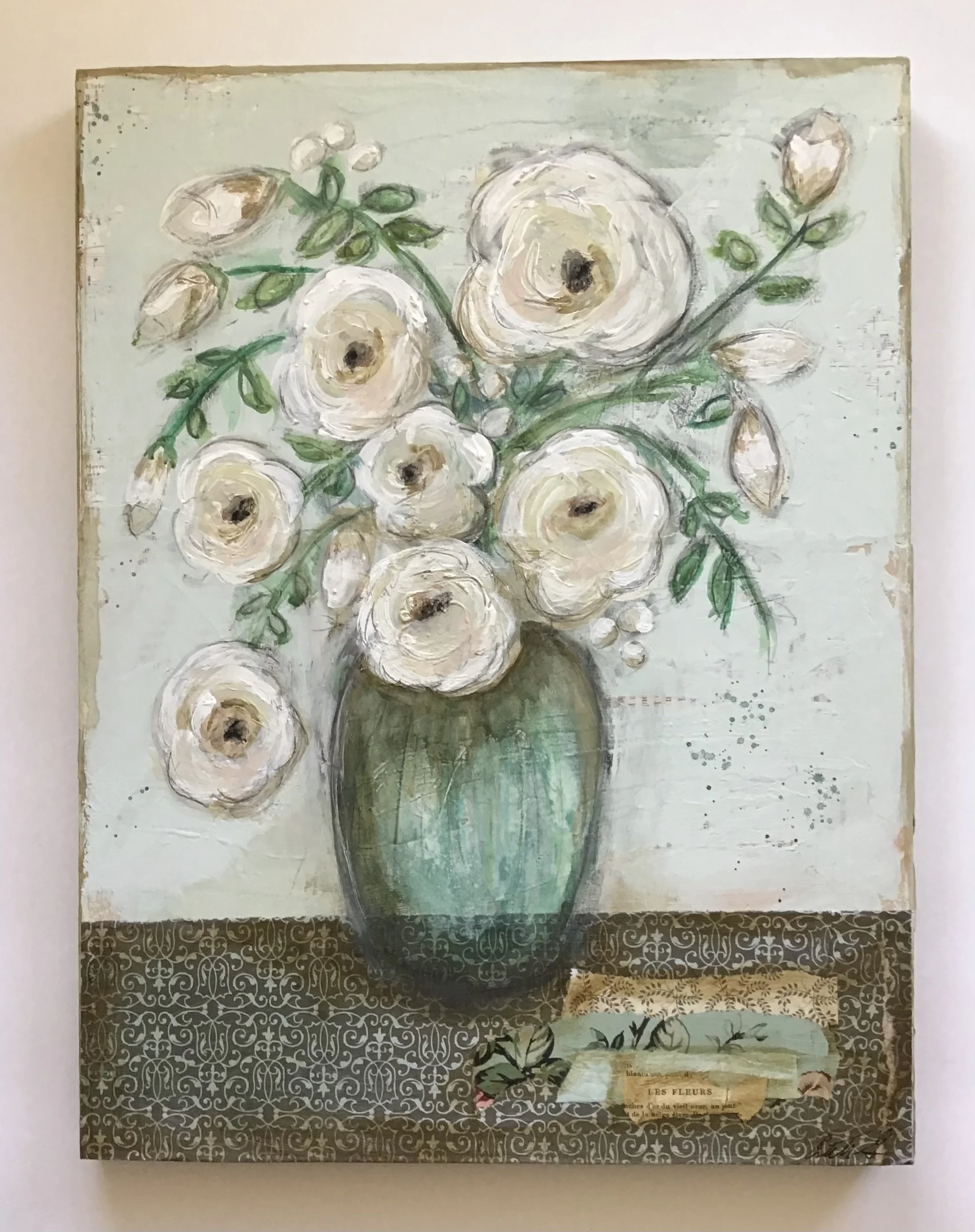  Les Fleurs 
 
With frame. 14” x 18”. Artwork only. 12” x 16”
 
Acrylic paint and vintage papers on wooden panel
 
$280.00