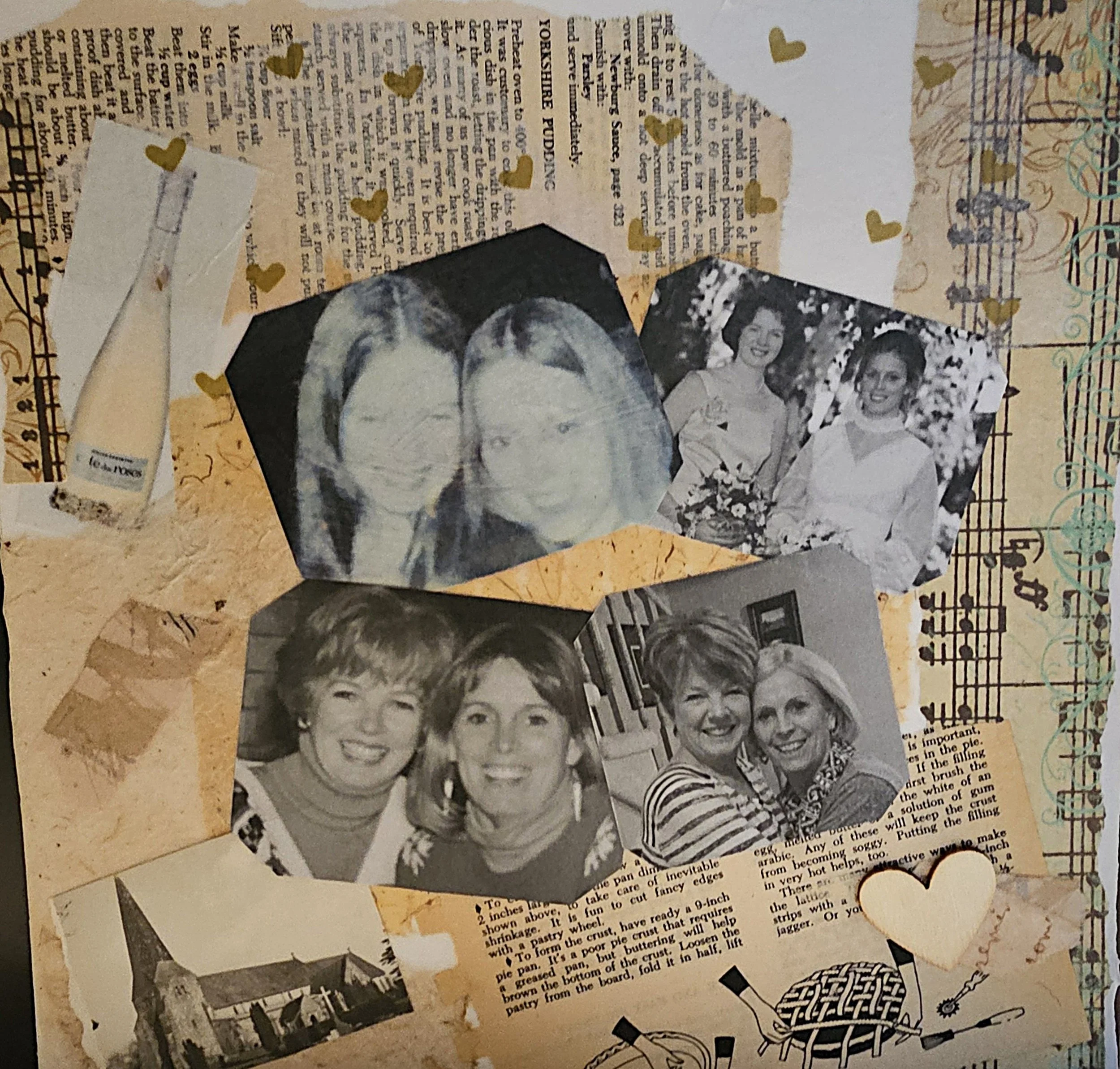 A collage featuring black and white photos of women, some smiling and some in formal attire, along with torn newspaper clippings, a small paper heart, and decorative elements like musical notes and doodles.
