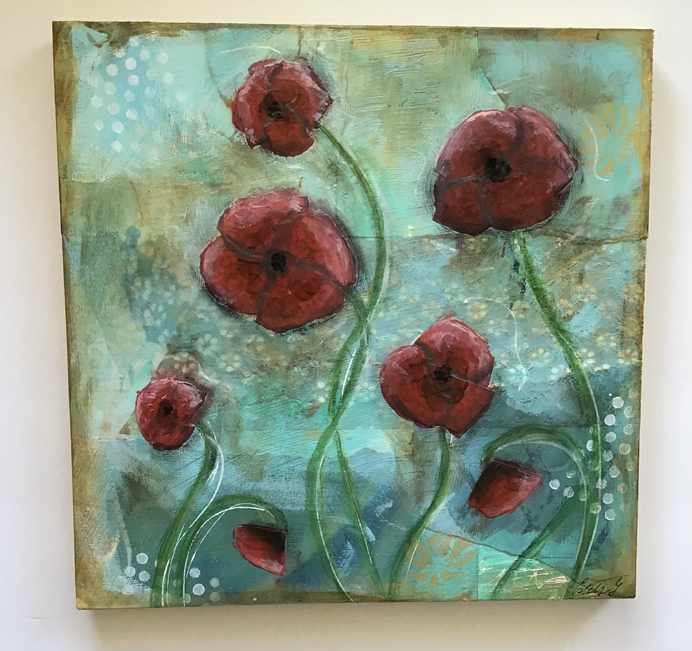  Dancing Poppies 
 
With frame. 14” x 14”. Artwork only. 12” x 12”
 
Acrylic paint and vintage papers on wooden panel
 
$175.00