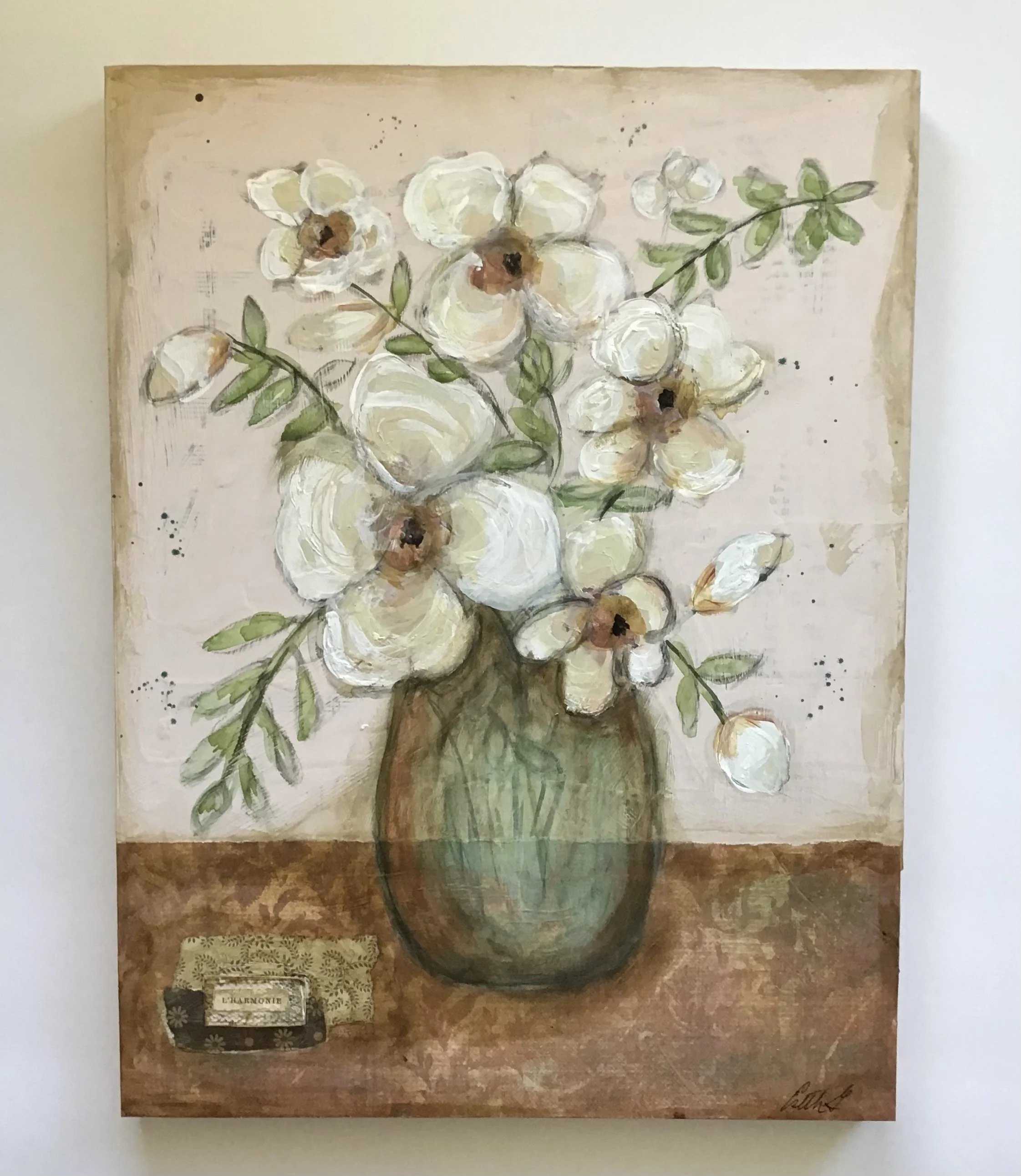  L’Harmonie 
 
With frame. 14” x 18”. 
 Artwork only. 12” x 16”
 
Acrylic paint and vintage papers on a wooden panel
 
$280.00