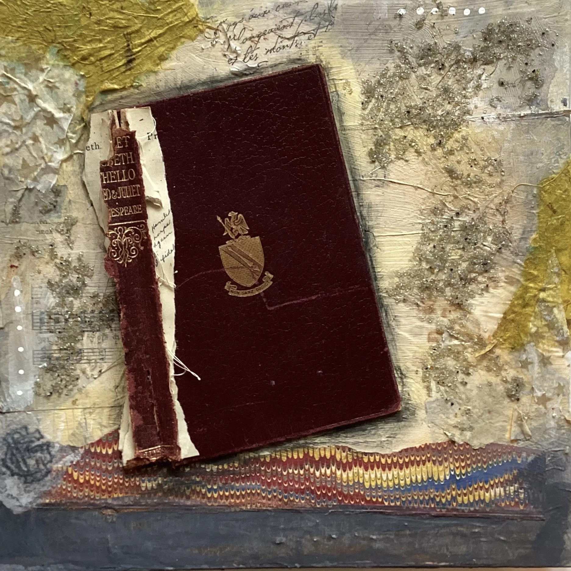  Bookish small #3 
 
10.5” x 10.5”
 
$110.00
 
Collage of vintage papers, book covers and spines and acrylic paint